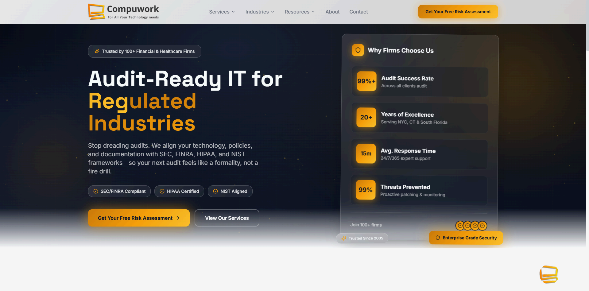Screenshot of Compuwork website showing audit-ready IT and cybersecurity services for hedge funds in Boca Raton.