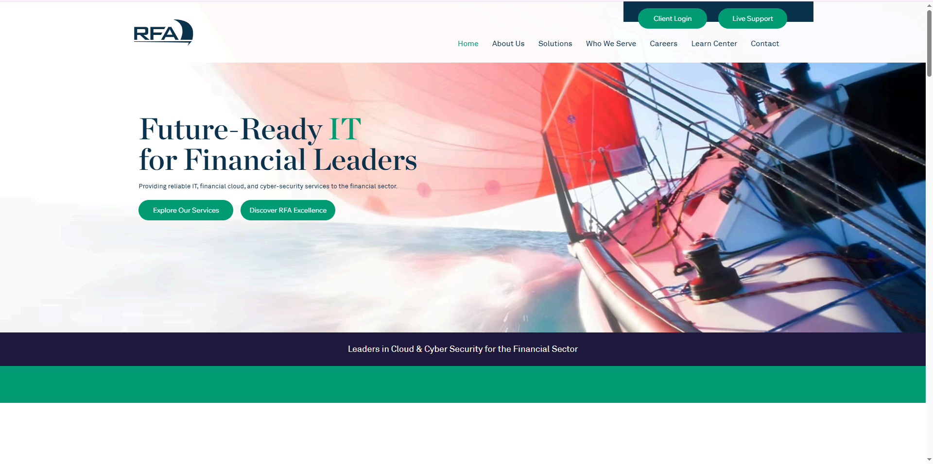 Screenshot of RFA website featuring managed IT and cloud services for the financial services sector.