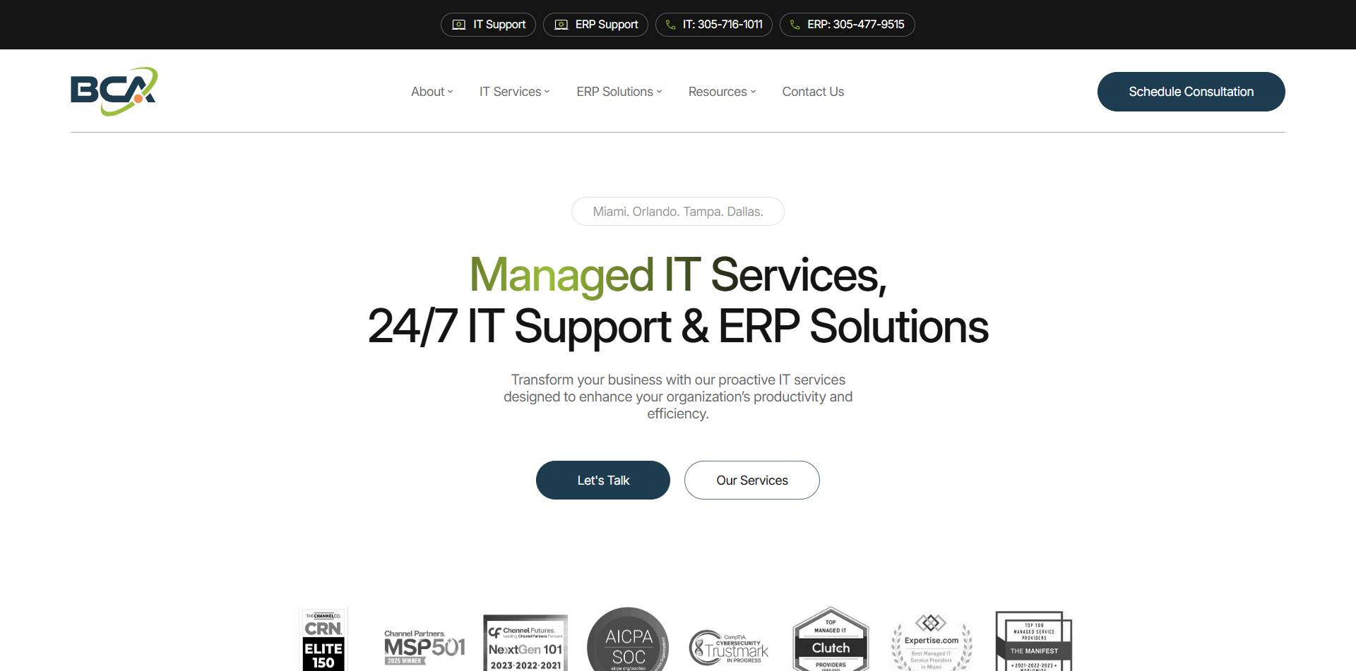 Screenshot of BCA website showing managed IT and cybersecurity services for financial firms in Miami.