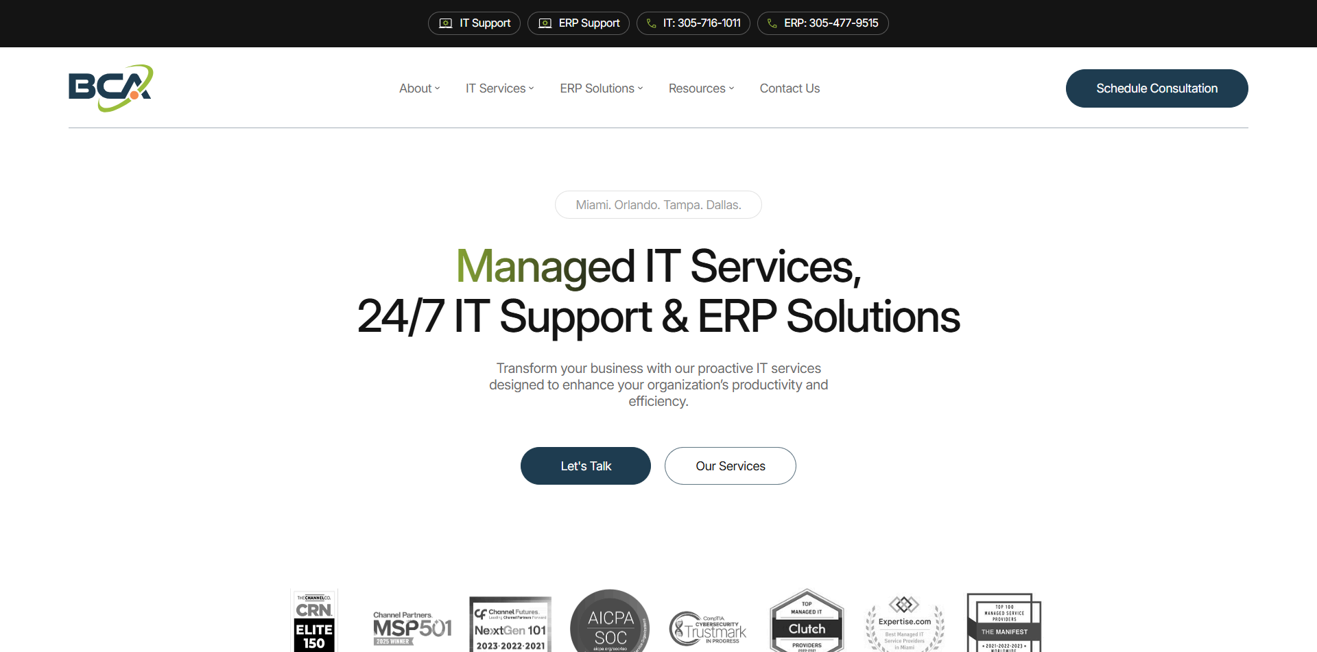 Screenshot of BCA website showing managed IT and cybersecurity services for Florida businesses.