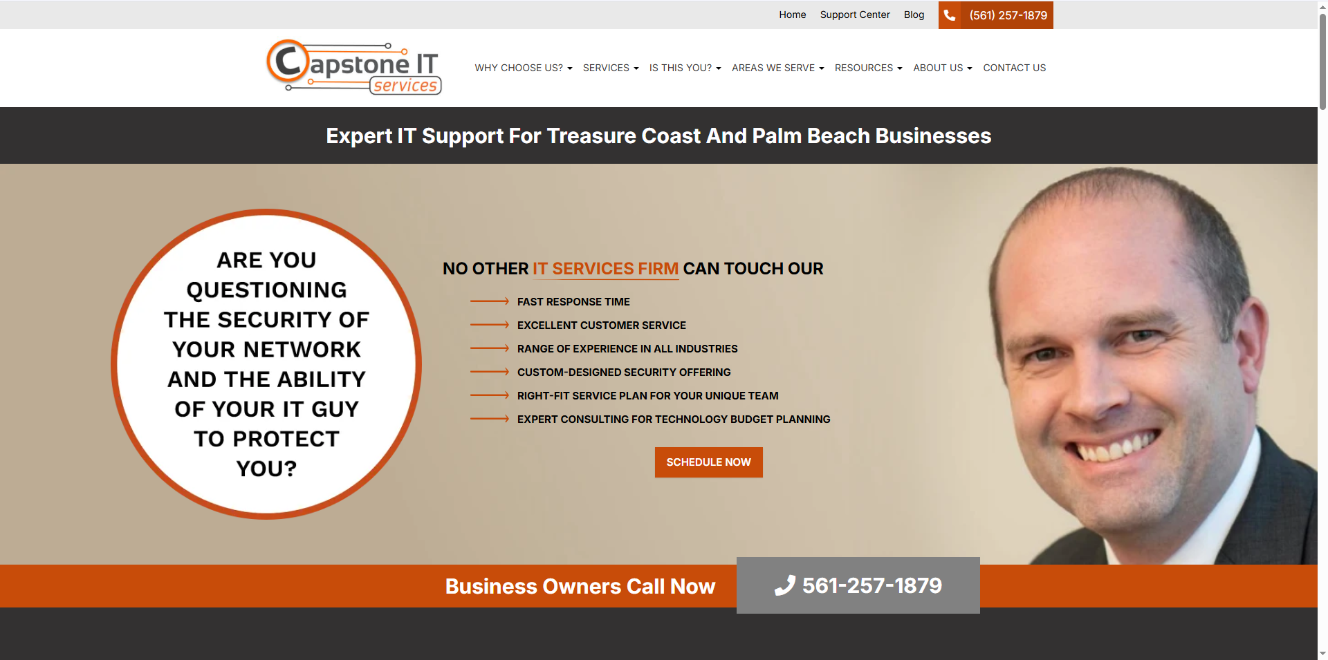 Screenshot of Capstone IT Services showing security-focused IT support for local businesses in Palm Beach County.