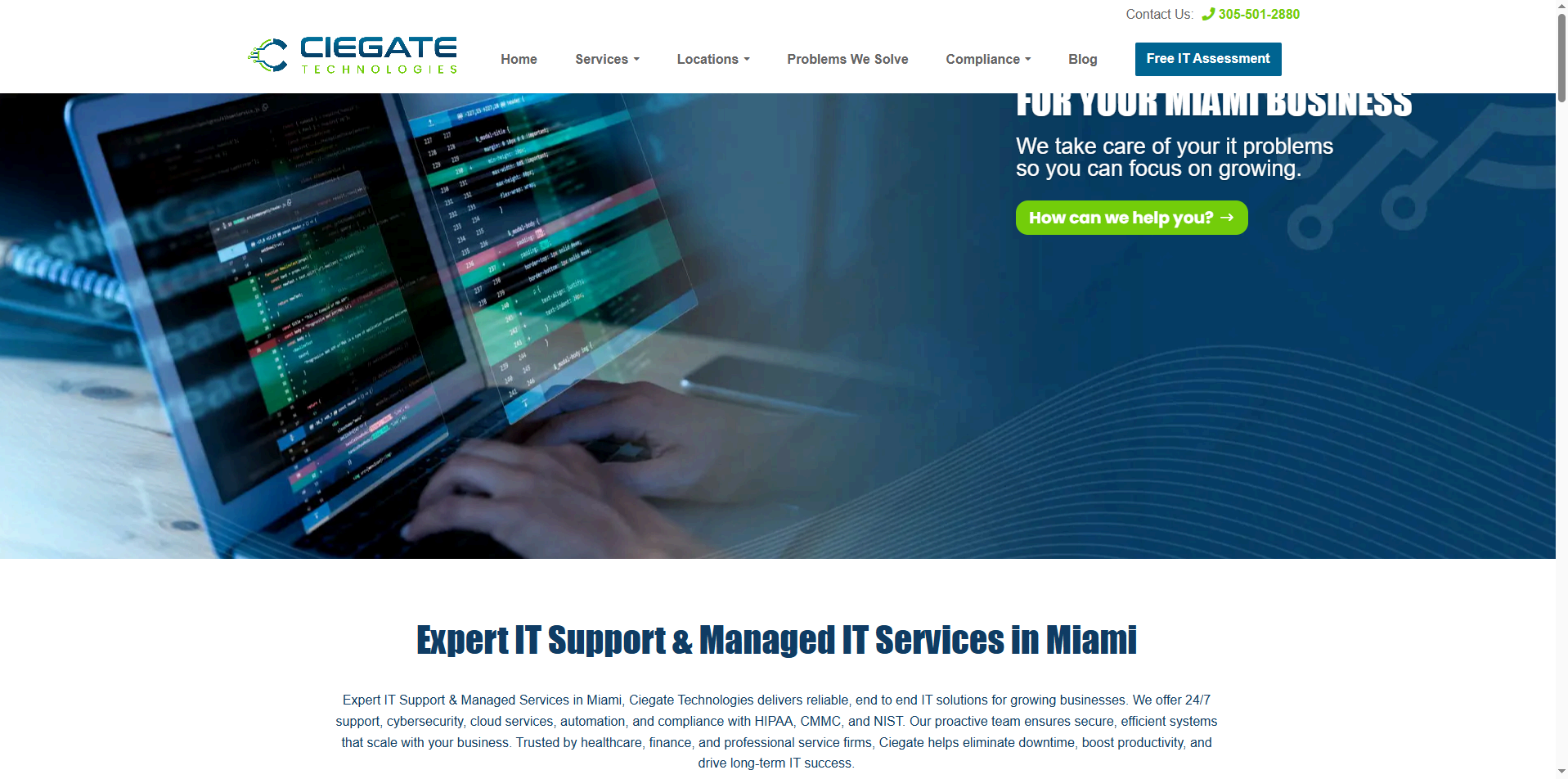 Screenshot of Ciegate website featuring cybersecurity consulting and risk management services in Miami.