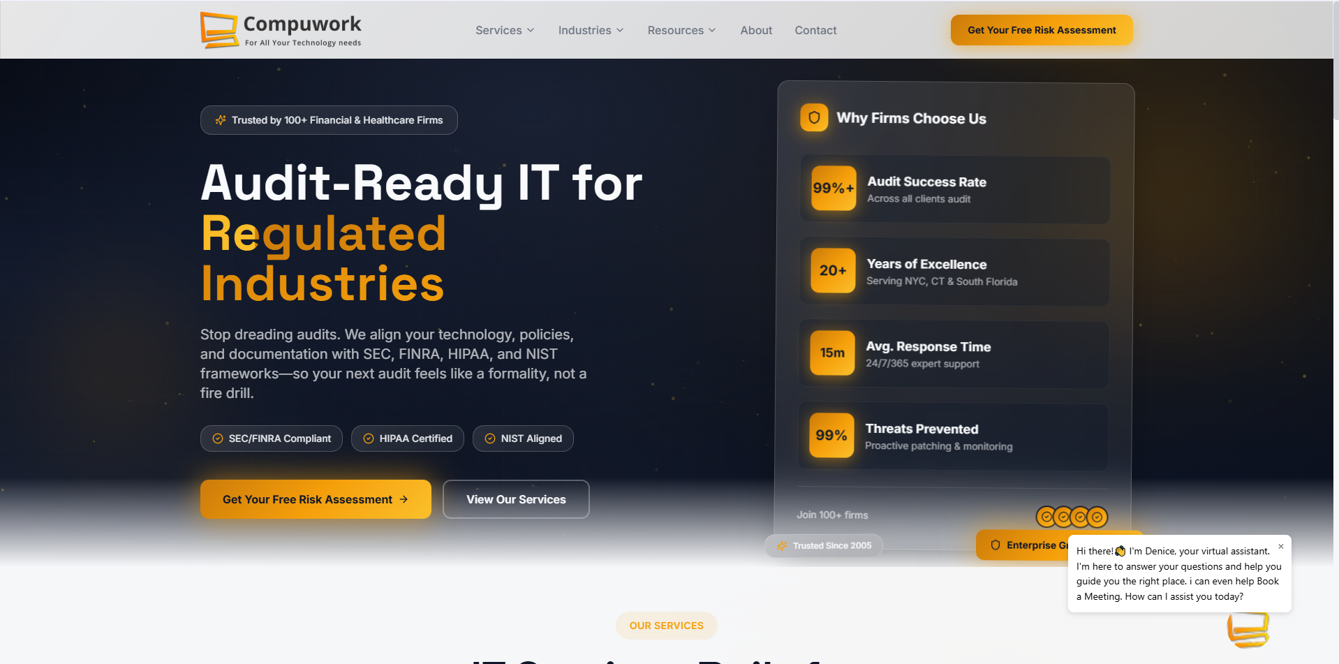 Screenshot of Compuwork website showing Managed IT and Cybersecurity services for regulated firms in West Palm Beach.