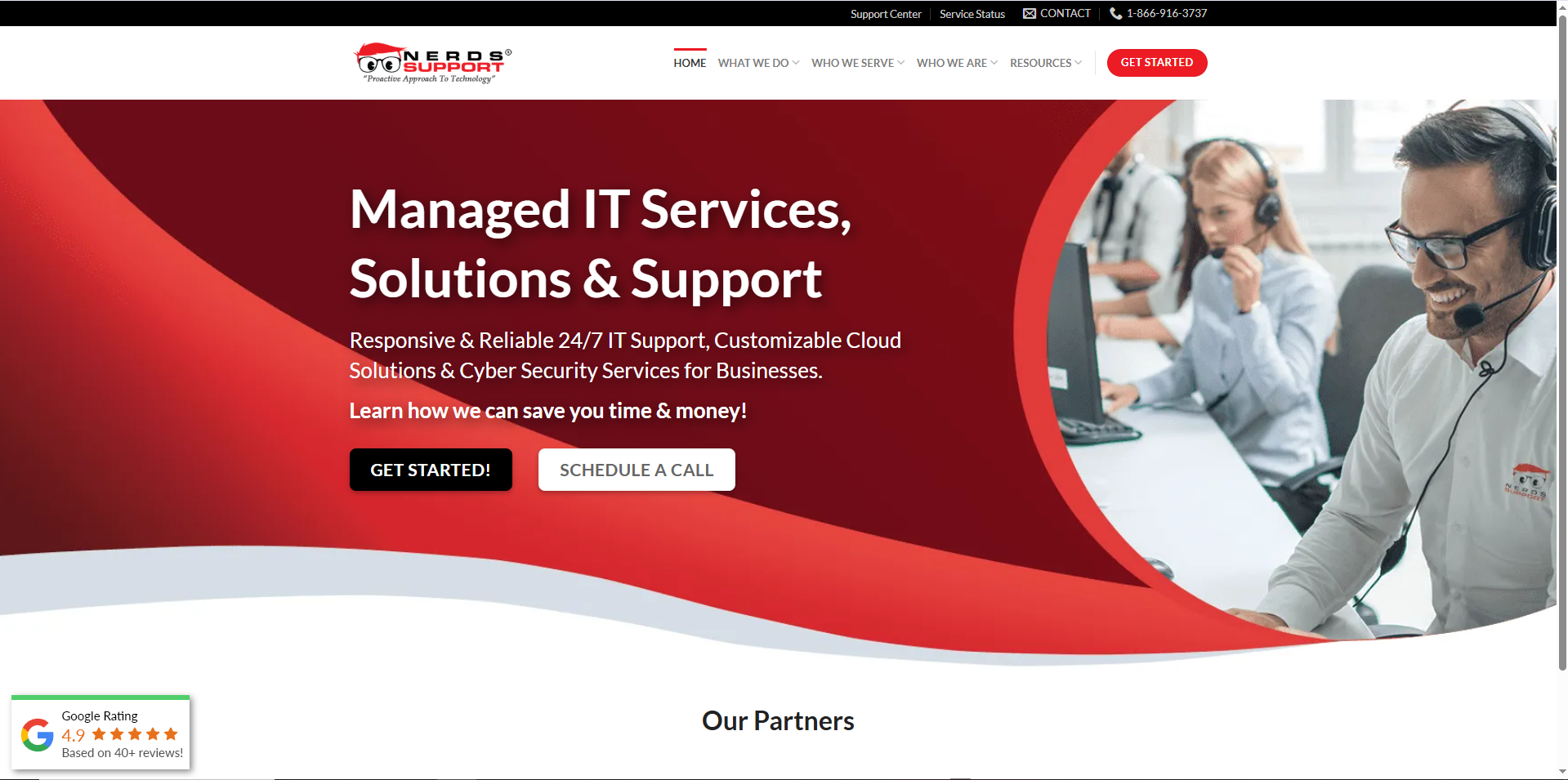 Screenshot of Nerds Support website featuring SOC 2 certified managed IT and cybersecurity services in West Palm Beach.