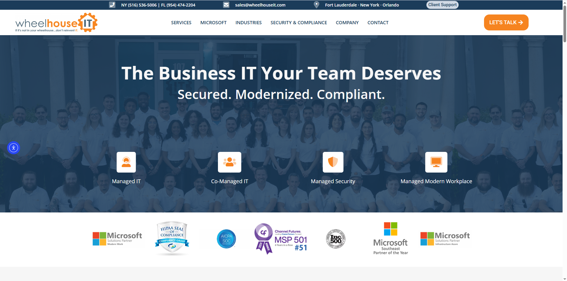 Screenshot of WheelHouse IT homepage featuring managed IT services for small businesses in West Palm Beach.